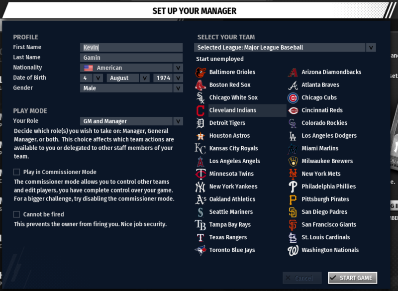 OOTP 21 Manager Setup Screen