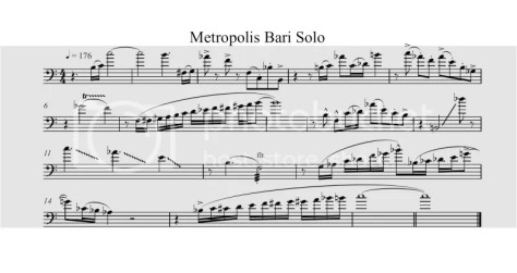 Sheet music of the baritone solo from the 2010 Bluecoats drum and bugle corps show, Metropolis. The solo took place during the closer, John Mackey's Asphalt Cocktail.