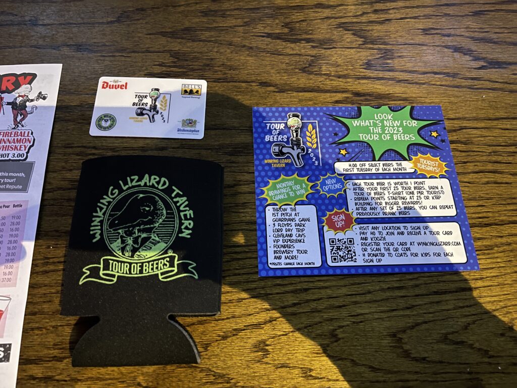 My 2023 Winking Lizard World Tour Of Beers tour card, beer koozie, and a card describing the beer tour. 