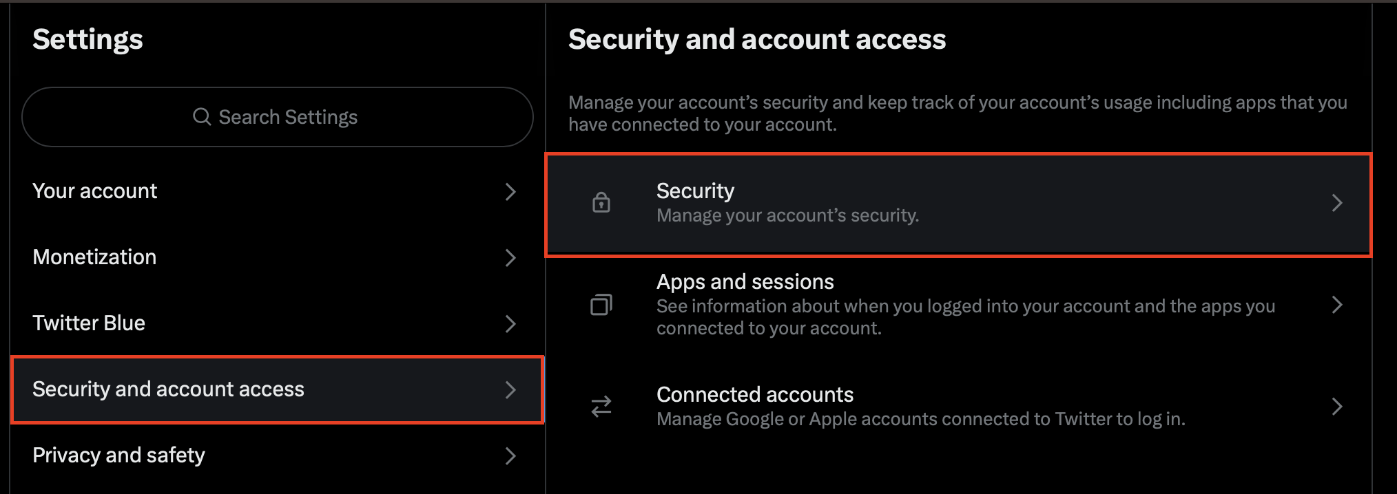 On the Settings page, select "Security and account access" on the left, then select "Security" on the right.