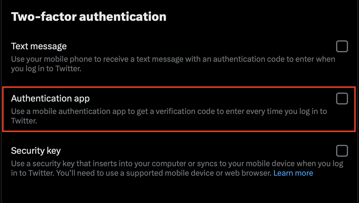 Under Two-factor authentication, check the box for "Authentication app".