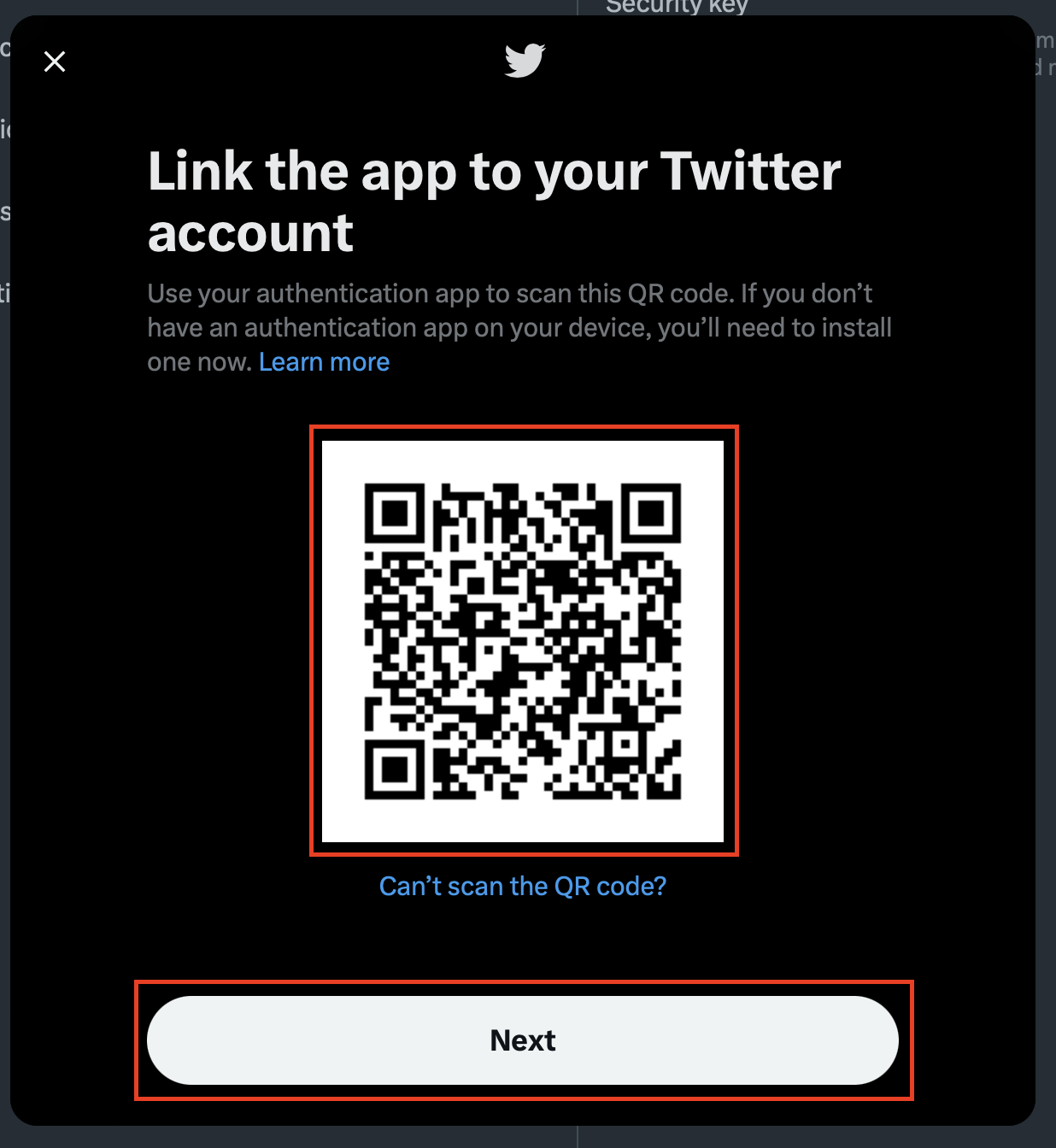 In your authenticator app, use your phone's camera to scan the QR code on the screen. Click "Next" once the code is scanned and you've added Twitter to the authenticator app.