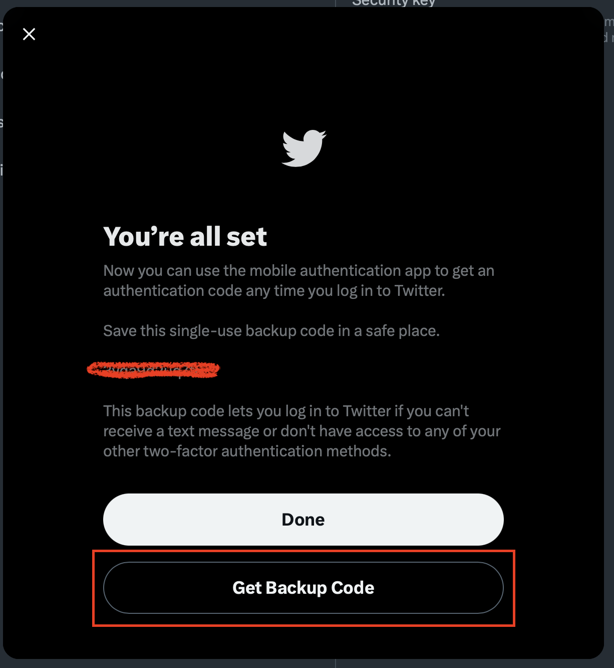 When you get to the You're all set screen, click on "Get Backup Code".