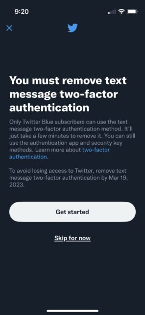 Twitter's pop-up message informing SMS 2FA users the service is for Twitter Blue subscribers as of March 20, 2023