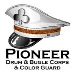 The logo of the Pioneer Drum and Bugle Corps of Milwaukee, Wisconsin. The logo is a white officer's cap with a silver shamrock on the front, an orange stripe above the bill of the cap, and a black bill.