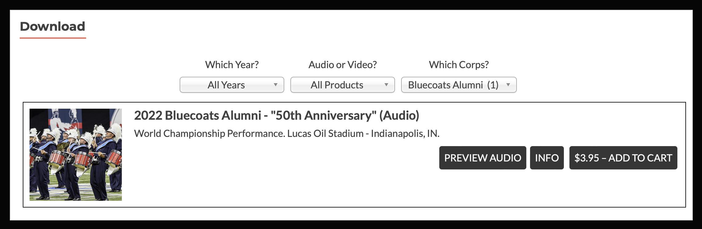 A screen shot of the audio performance download for the 2022 Bluecoats Alumni performance at DCI Semifinals last season.
