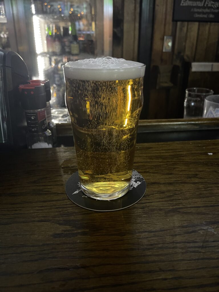A pint of Harp Pale Lager at the Winking Lizard bar. 