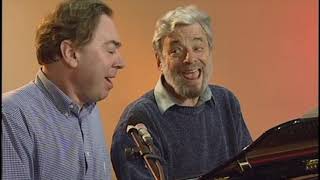 Andrew Lloyd Webber and Stephen Sondheim performing on piano togeter