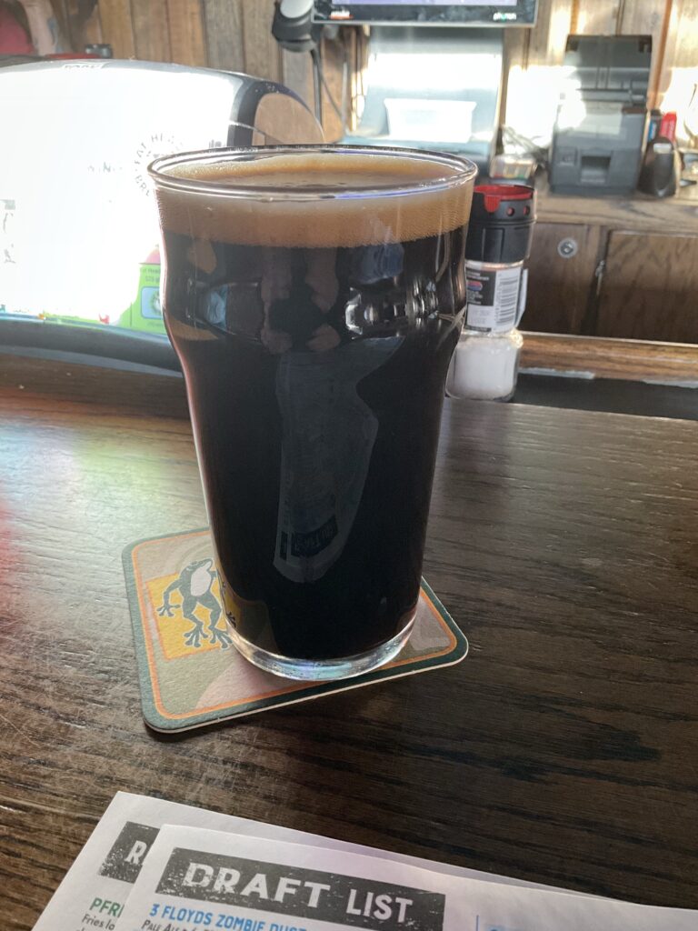 A pint of Heavy Seas Chocolate Volcano imperial stout on the bar at the Winking Lizard. 