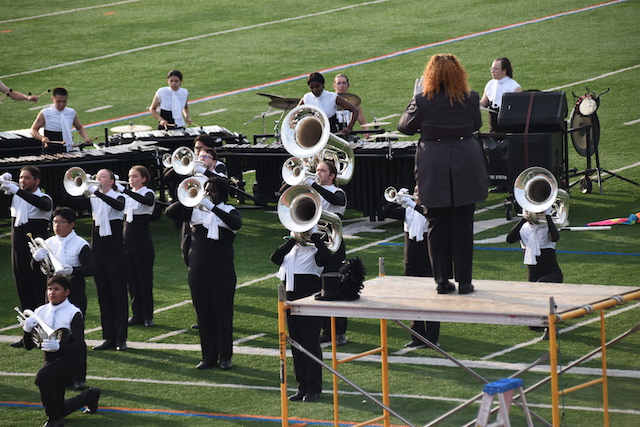 The Raiders drum and bugle corps performing at the 2023 Buccaneer Classic competition in Landisville, Pennsylvania