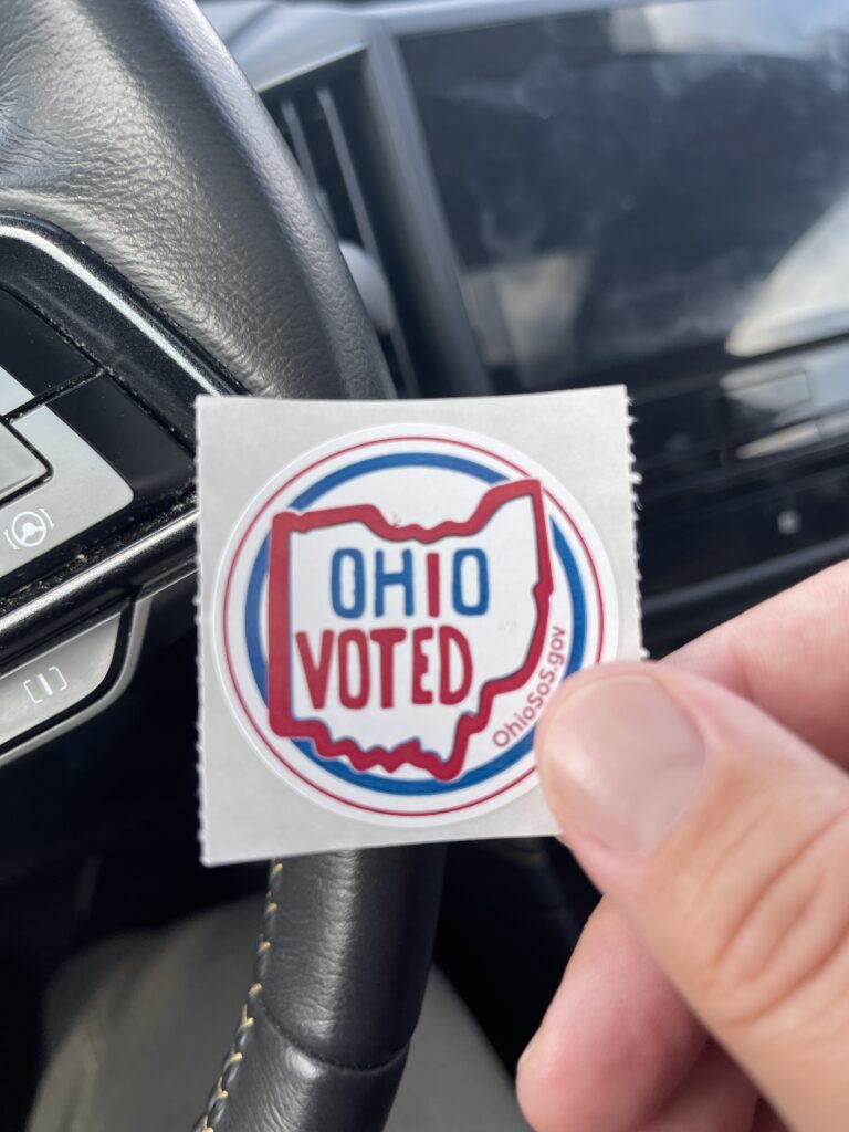 My “Ohio Voted” sticker I received after I voted NO on Ohio State Issue 1. 